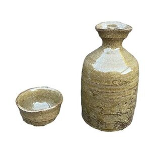 HANDMADE wheel thrown pottery sake bottle & cup set vintage